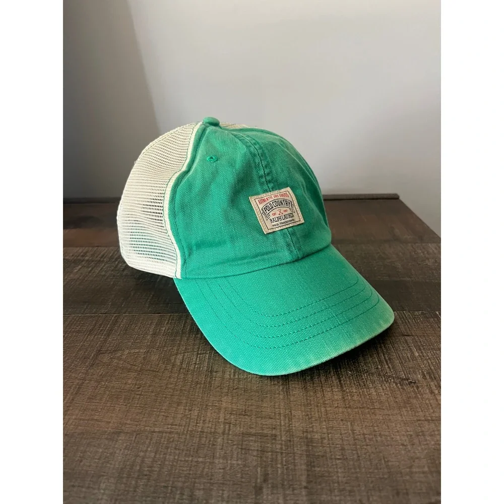 Polo Country Ralph Lauren Trucker Hat Green Mesh Leather Strap Mens Cap